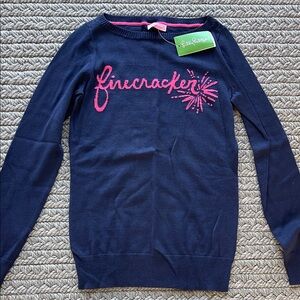 Lilly Pulitzer Dark Blue Sweater with Bright Pink FIRECRACKER NWT, size Small